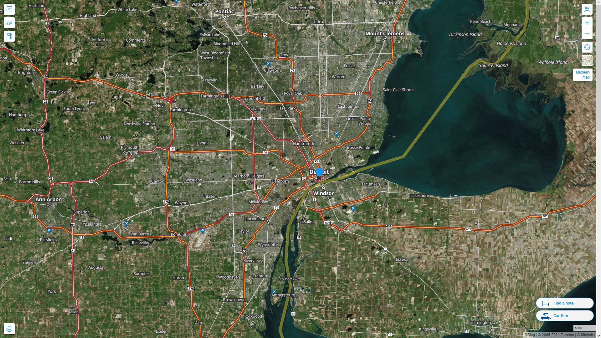 Detroit Michigan Highway and Road Map with Satellite View